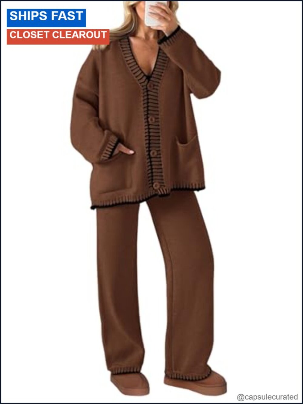 Women's 2 Piece Knit Lounge Set Cardigan Wide Leg Pants